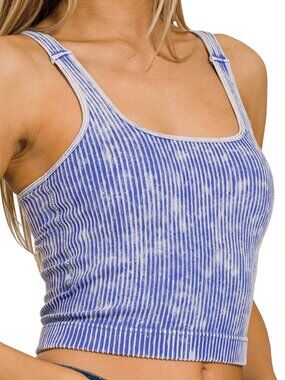 Washed Seamless Square Neck Bra Padded Tank Top in Light Indigo